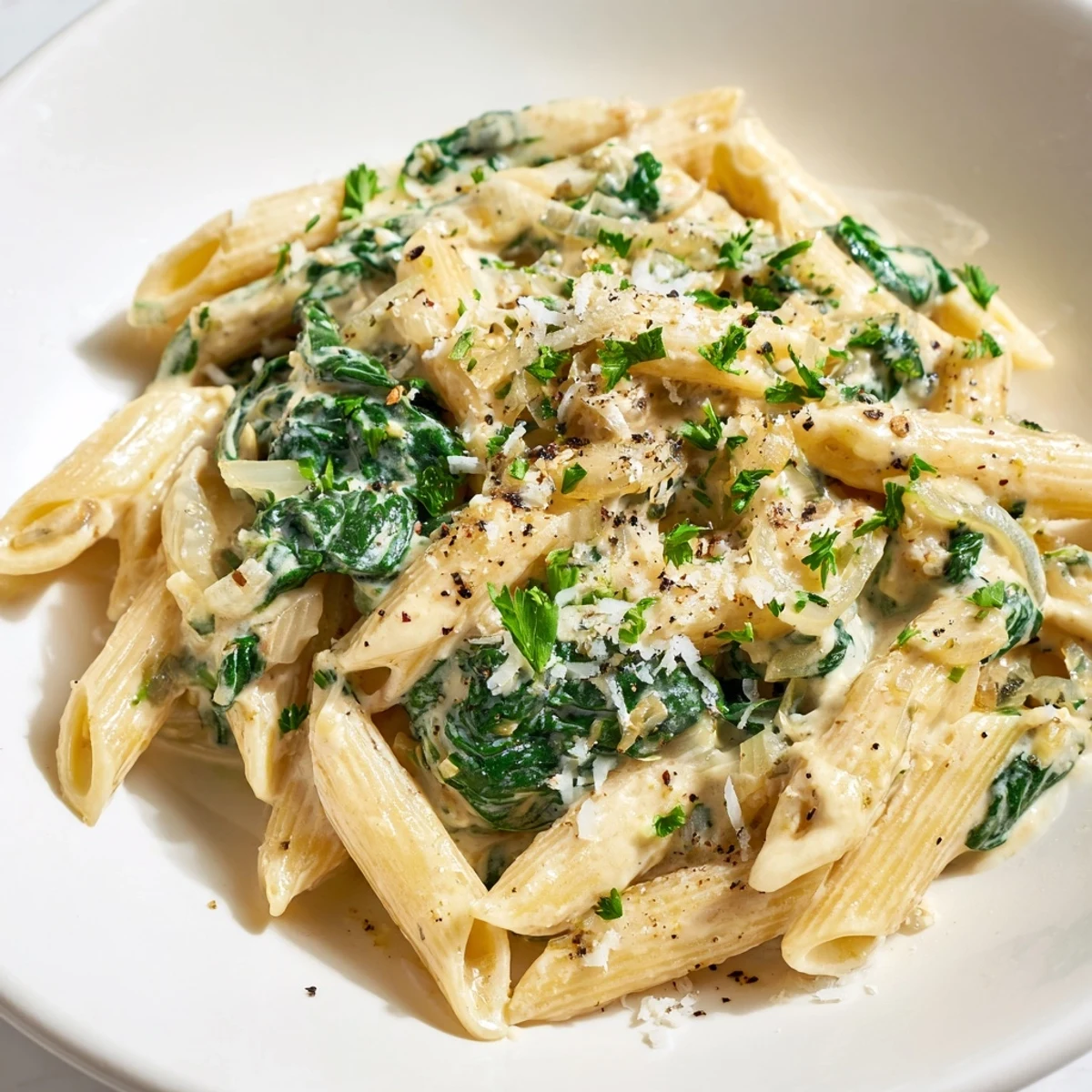 Close-up of Creamy Spinach Pasta with Garlic Sauce, showing rich sauce clinging to noodles and a dusting of nutmeg.