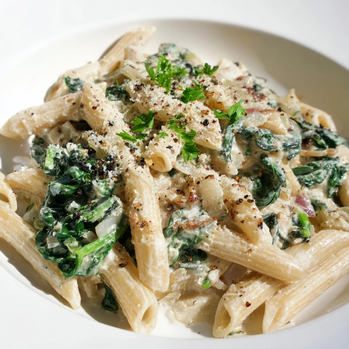 Steaming Creamy Spinach Pasta with Garlic Sauce in a skillet, wilted spinach and creamy sauce coating every penne. 