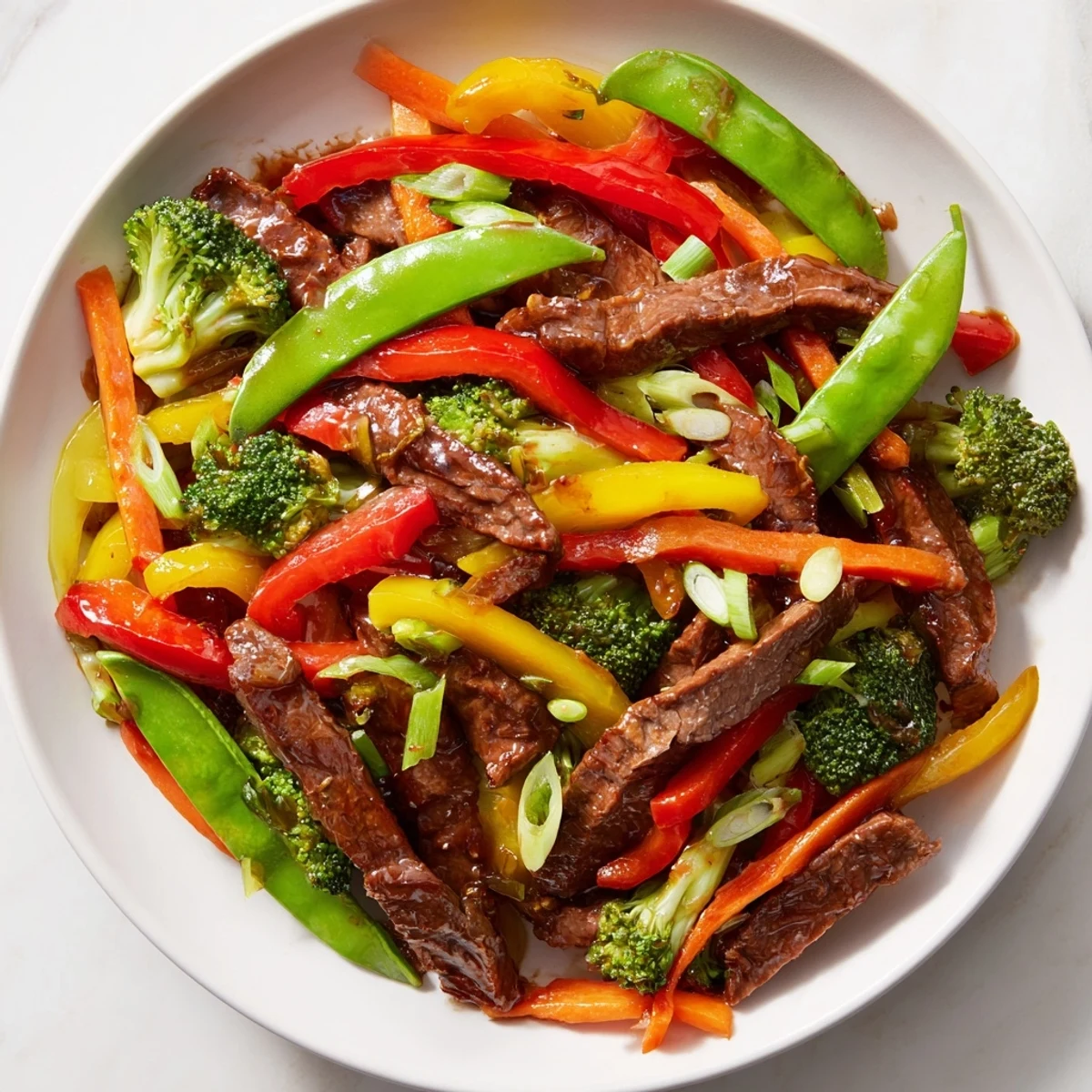 A close-up of Spicy Beef Stir Fry with Mixed Vegetables featuring sautéed snap peas and bell peppers glistening with sauce.