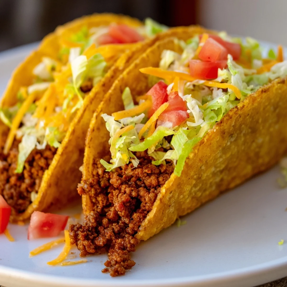 A close view of Beef Tacos filled with juicy ground beef, shredded cheese, and zesty salsa, ready to serve on taco night.