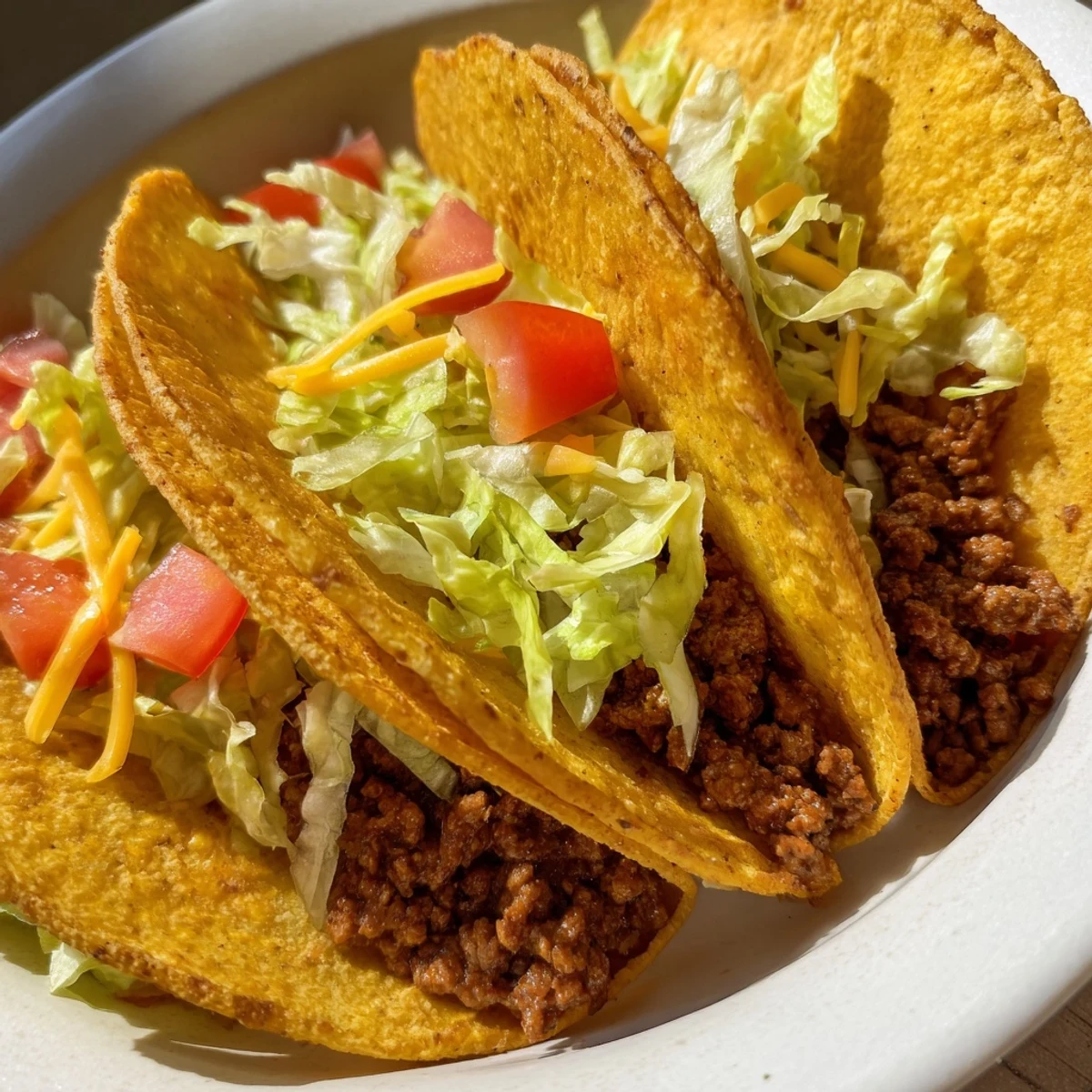 Beef Tacos arranged with warm crunchy shells, colorful toppings, and a side of sour cream for an easy Mexican-American family dinner.