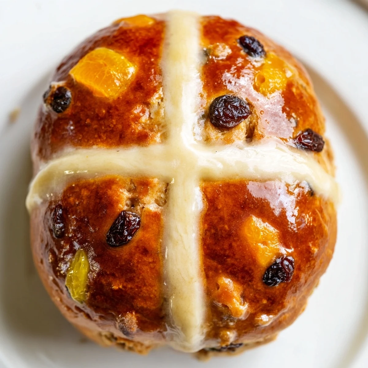 Warmly spiced Easter Hot Cross Buns studded with currants and orange zest, served fresh on a rustic table.