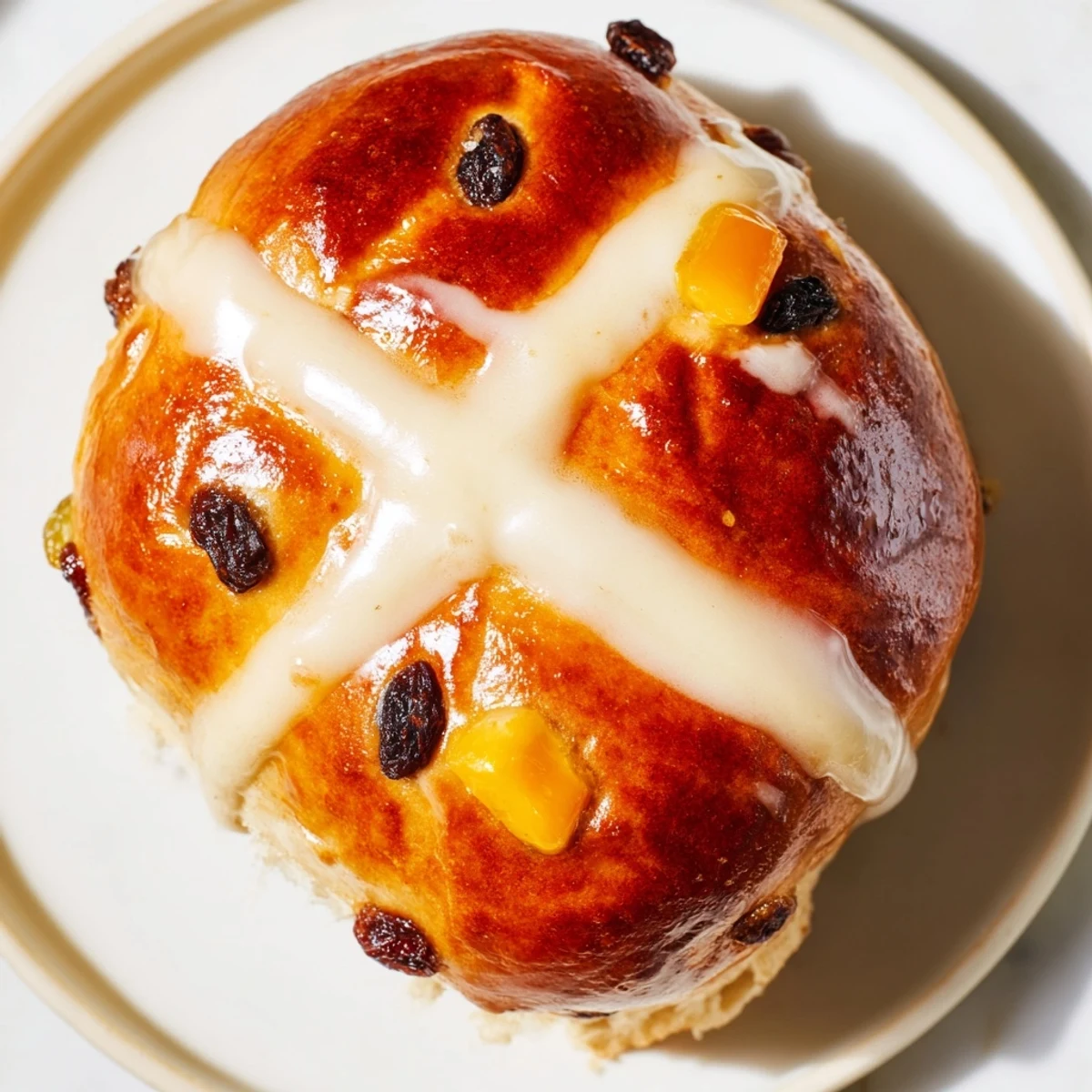 Freshly baked Easter Hot Cross Buns with golden crosses, glazed with apricot jam and dusted with flour.
