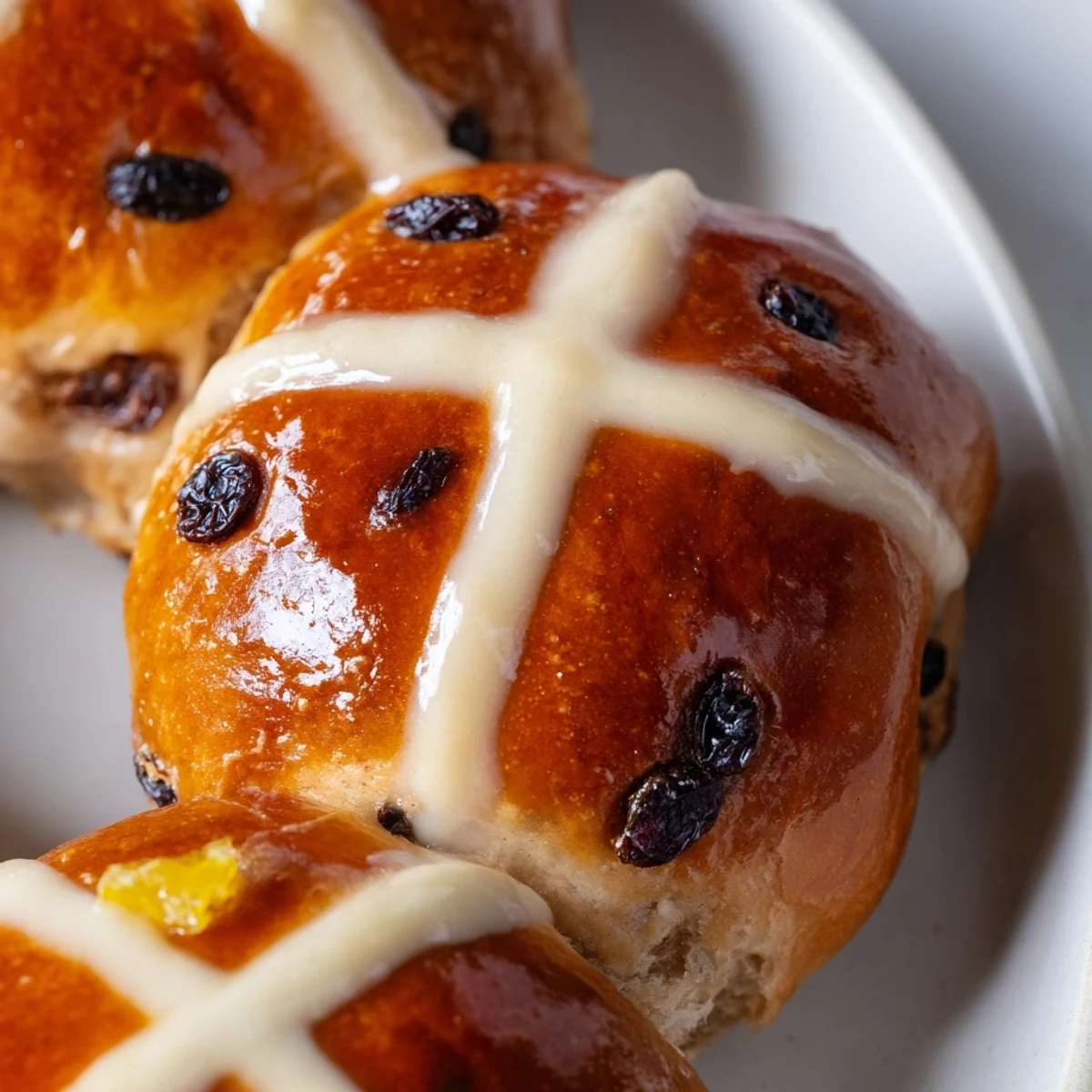 A close-up of Easter Hot Cross Buns with rich spices and dried fruit, ready to be enjoyed warm.