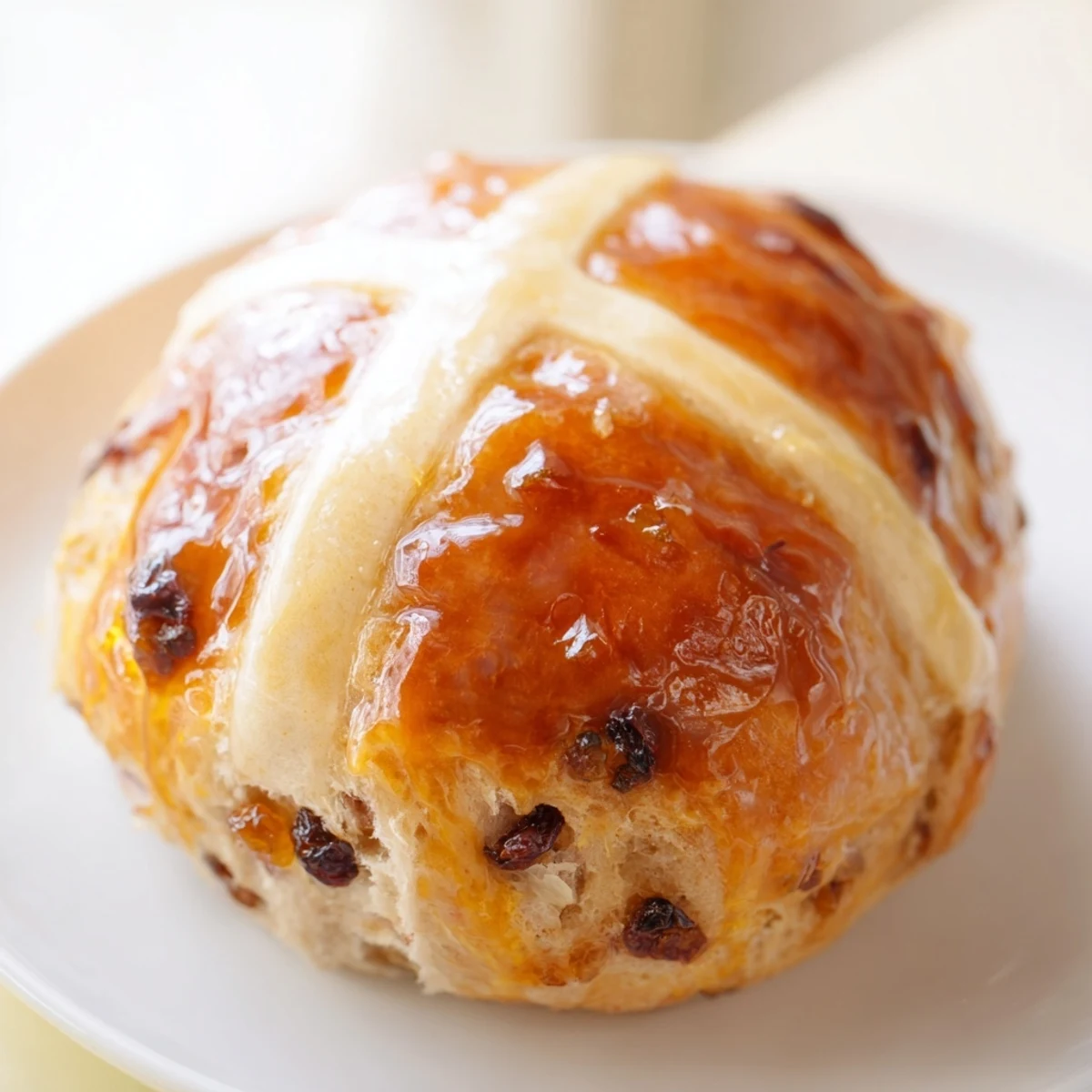 Twelve soft Easter Hot Cross Buns with fruit-filled centers and classic pastry crosses, arranged on a baking sheet with tea.