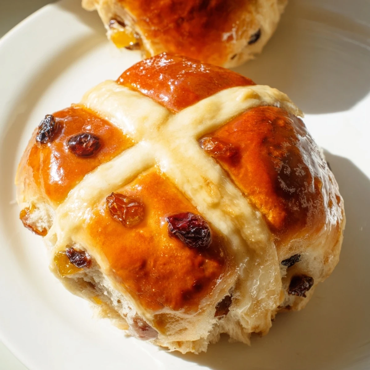 Golden-brown Easter Hot Cross Buns with spiced dough and glossy apricot glaze, served warm on a rustic wooden board.