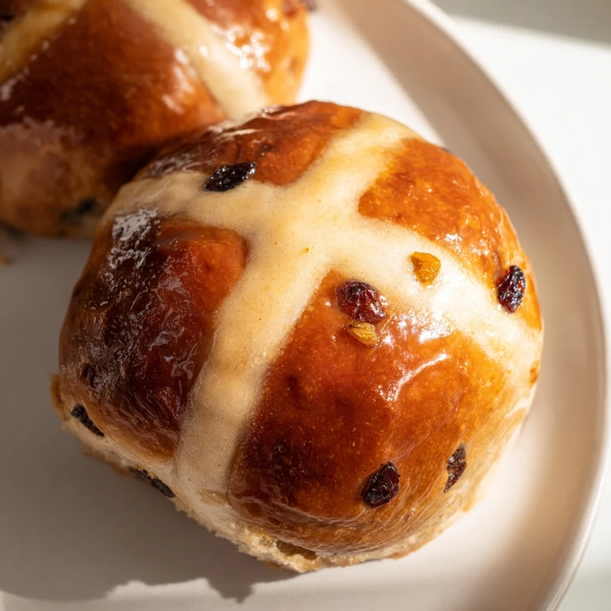 A close-up of an Easter Hot Cross Bun, showcasing fluffy texture and juicy dried fruit, perfect for a festive holiday table.