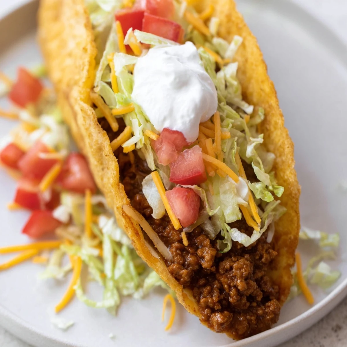 Homemade Beef Tacos with Hard Shells and Cheese ready to serve with sour cream and salsa on the side.