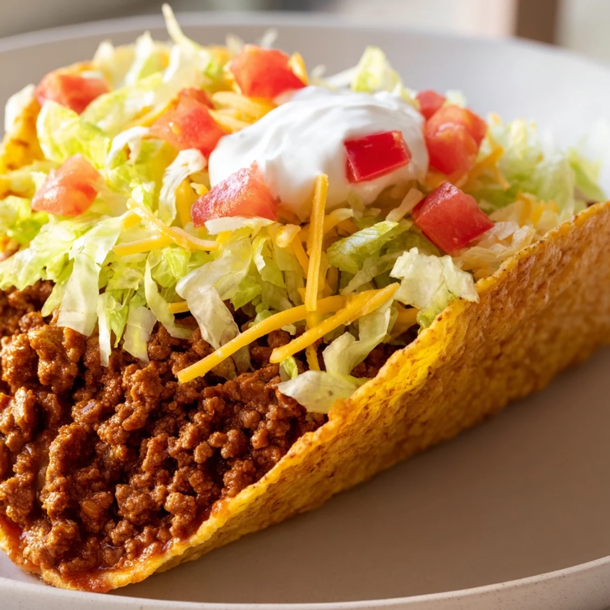 Close-up of beef tacos with crunchy shells, melted cheese, and vibrant toppings on a dinner table for family-style serving.