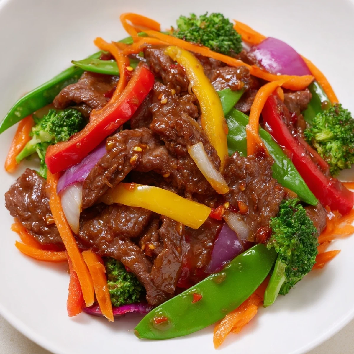 Close-up of tender beef strips and vibrant bell peppers coated in glossy, spicy sauce in a wok.