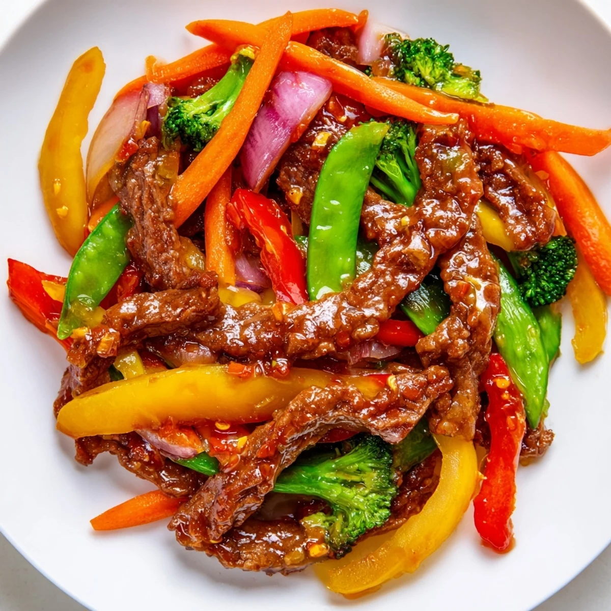 A steaming plate of Spicy Beef Stir Fry with Mixed Vegetables served alongside fluffy jasmine rice.