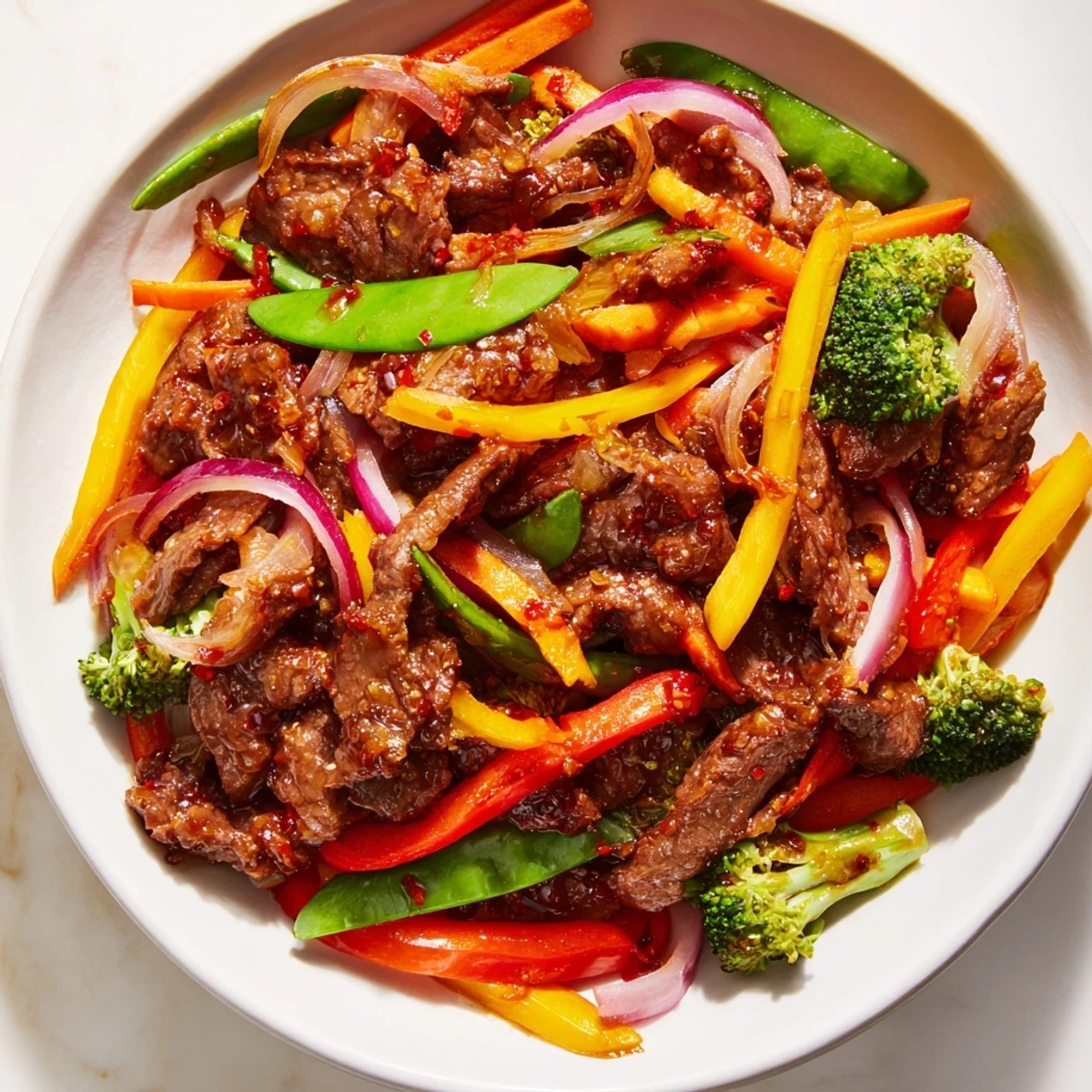 Garnished Spicy Beef Stir Fry with Mixed Vegetables featuring crisp broccoli and snap peas in a skillet.