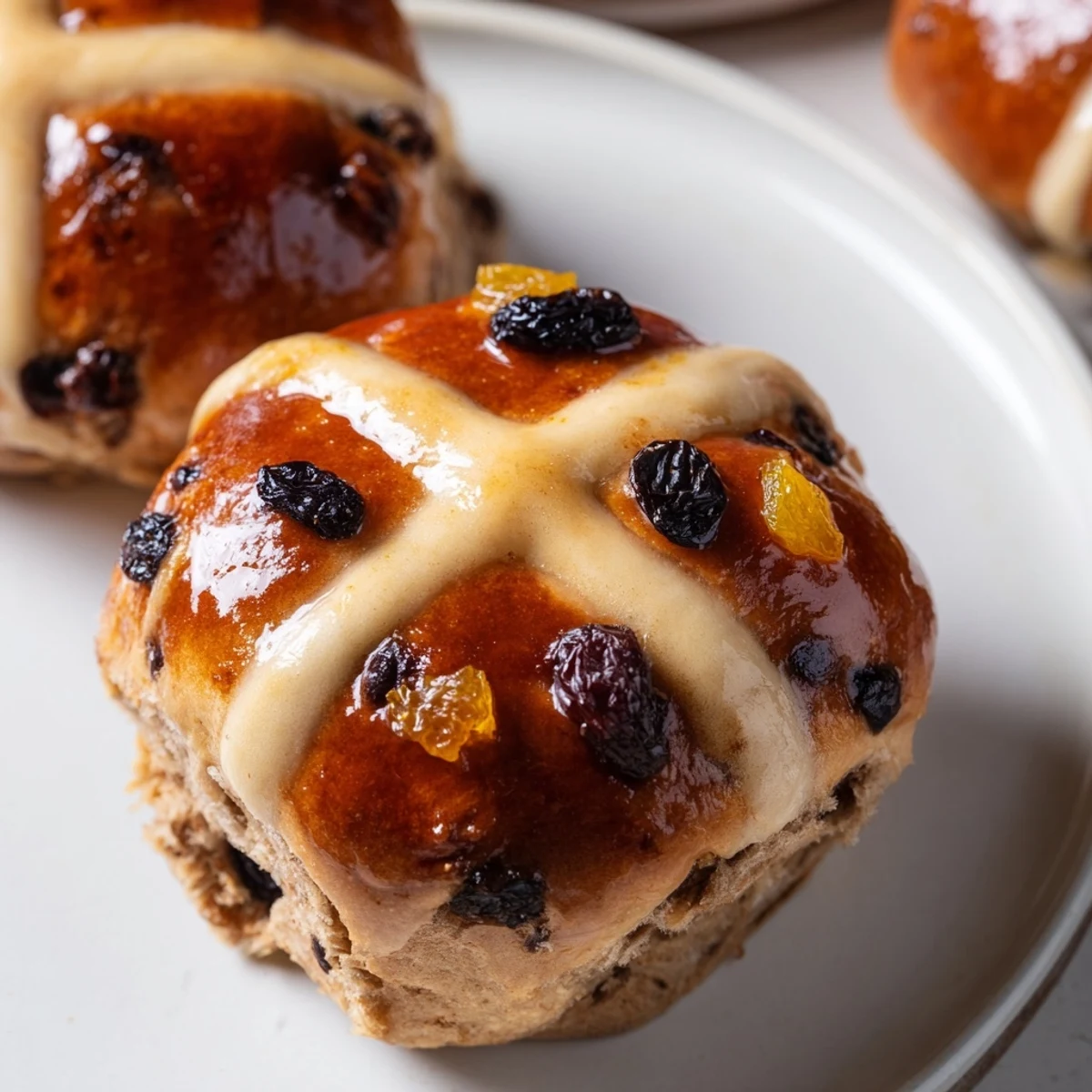 Warm, golden Easter Hot Cross Buns fresh from the oven with a shiny apricot glaze.