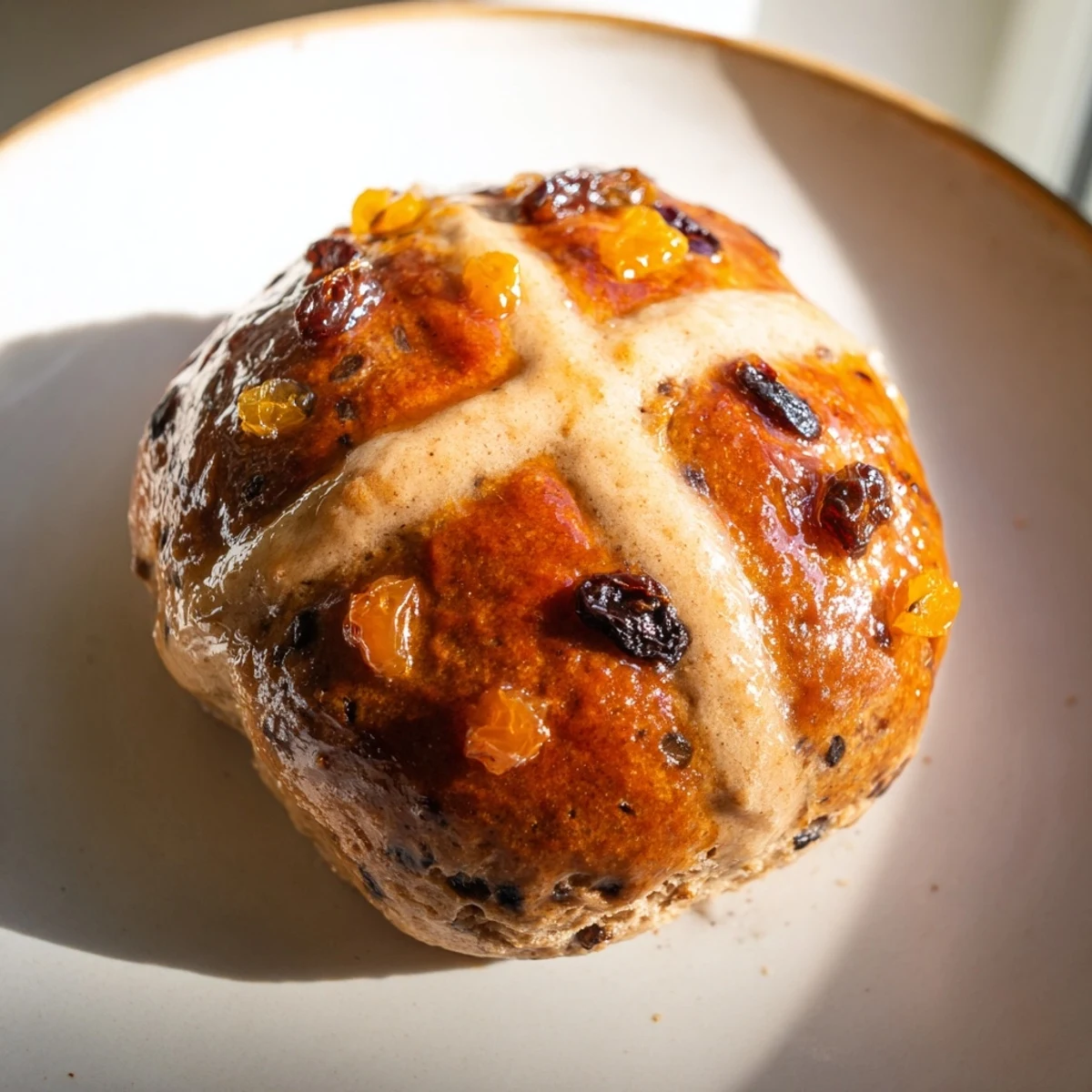 Freshly baked Easter Hot Cross Buns with a cross paste and dried fruit, ready to serve.