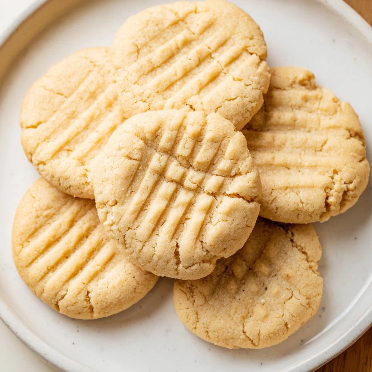 Golden-brown Keto Butter Cookies arranged neatly on a cooling rack with a crisscross fork pattern, showing their tender texture for a low-carb dessert.