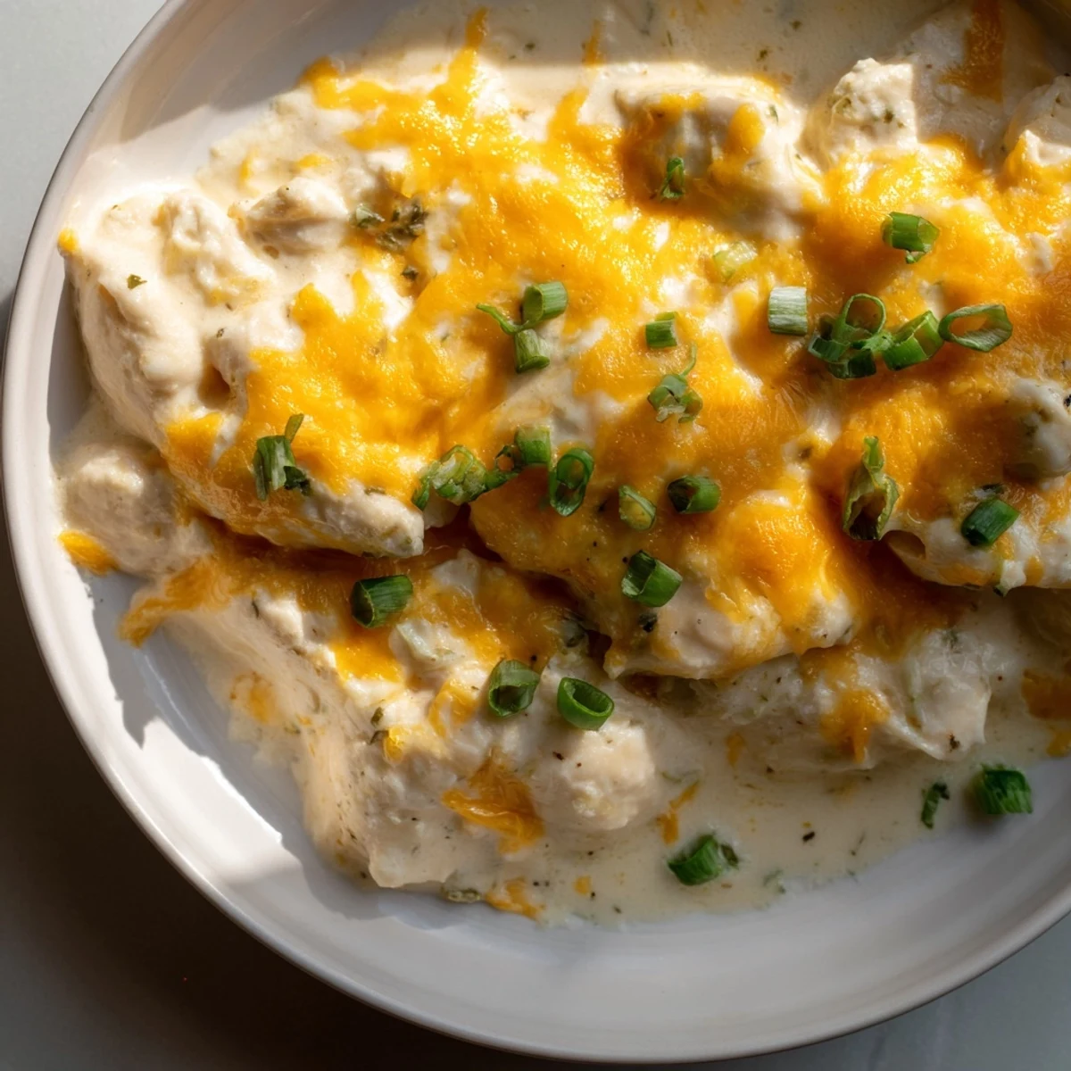 Golden-brown, bubbly chicken breasts smothered in creamy sour cream and onion sauce garnished with fresh green onions.