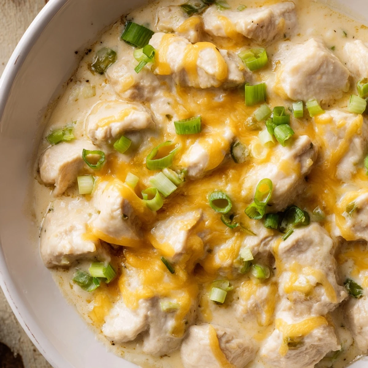 Savory Sour Cream and Onion Chicken served hot from the oven, topped with melted cheddar and crushed chips.