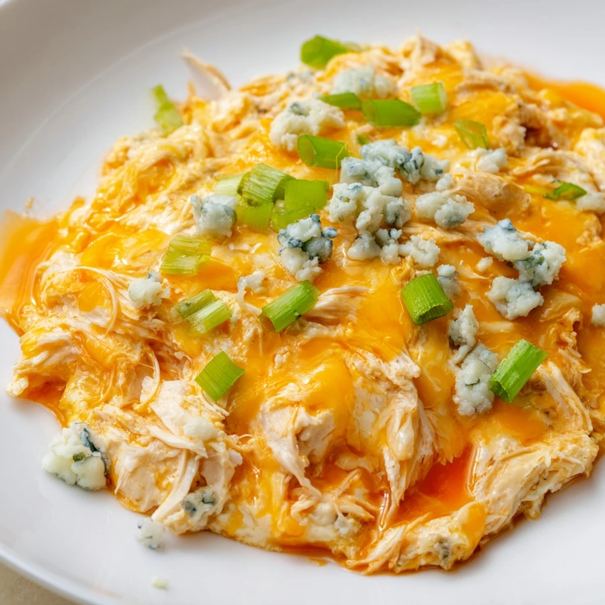 Creamy Keto Buffalo Chicken Dip with shredded chicken, melty cheese, and spicy buffalo sauce served in a ceramic dish.