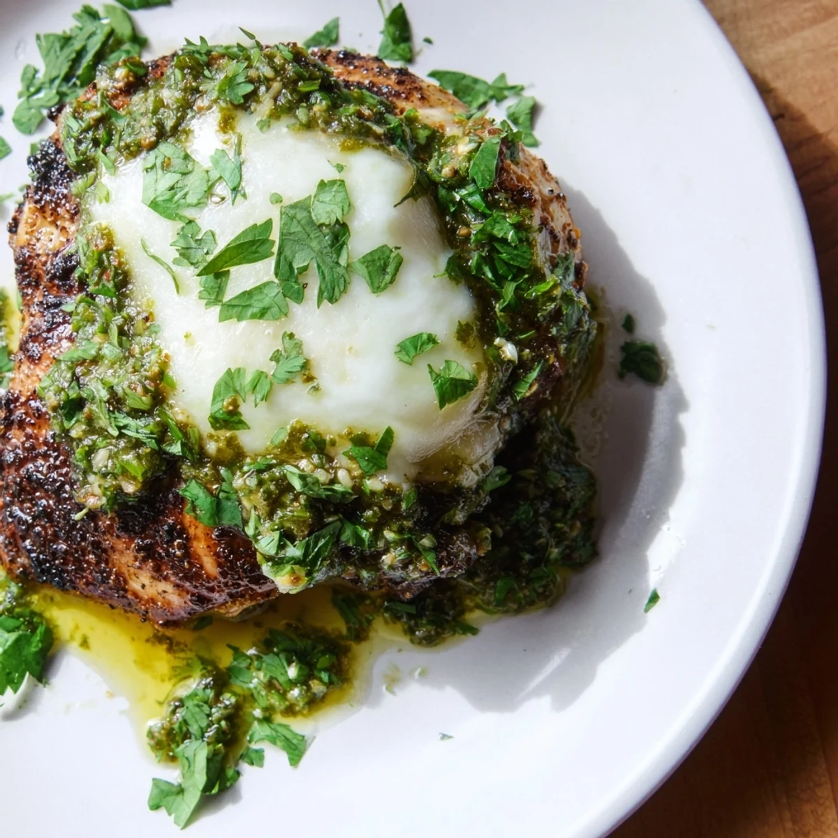 Juicy Grilled Salsa Verde Pepper Jack Chicken rests on a plate, topped with green salsa and melted pepper jack, accompanied by sliced avocado and diced tomatoes.
