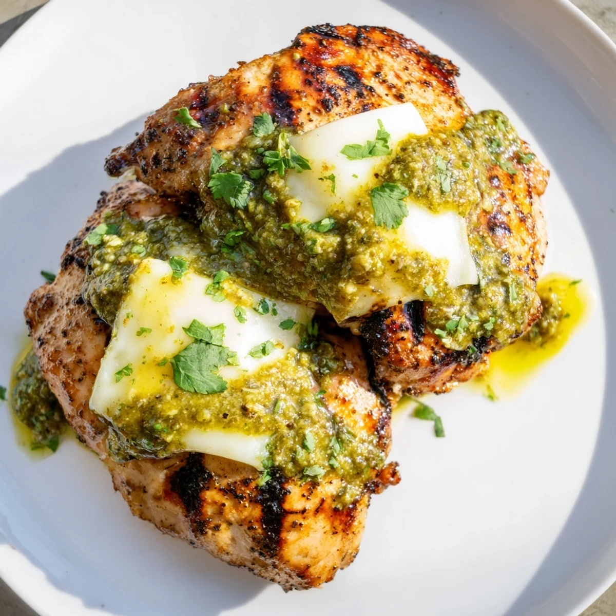 A close-up of Grilled Salsa Verde Pepper Jack Chicken features smoky grill marks, bubbly cheese, and vibrant salsa verde, garnished with cilantro for a Tex-Mex meal.