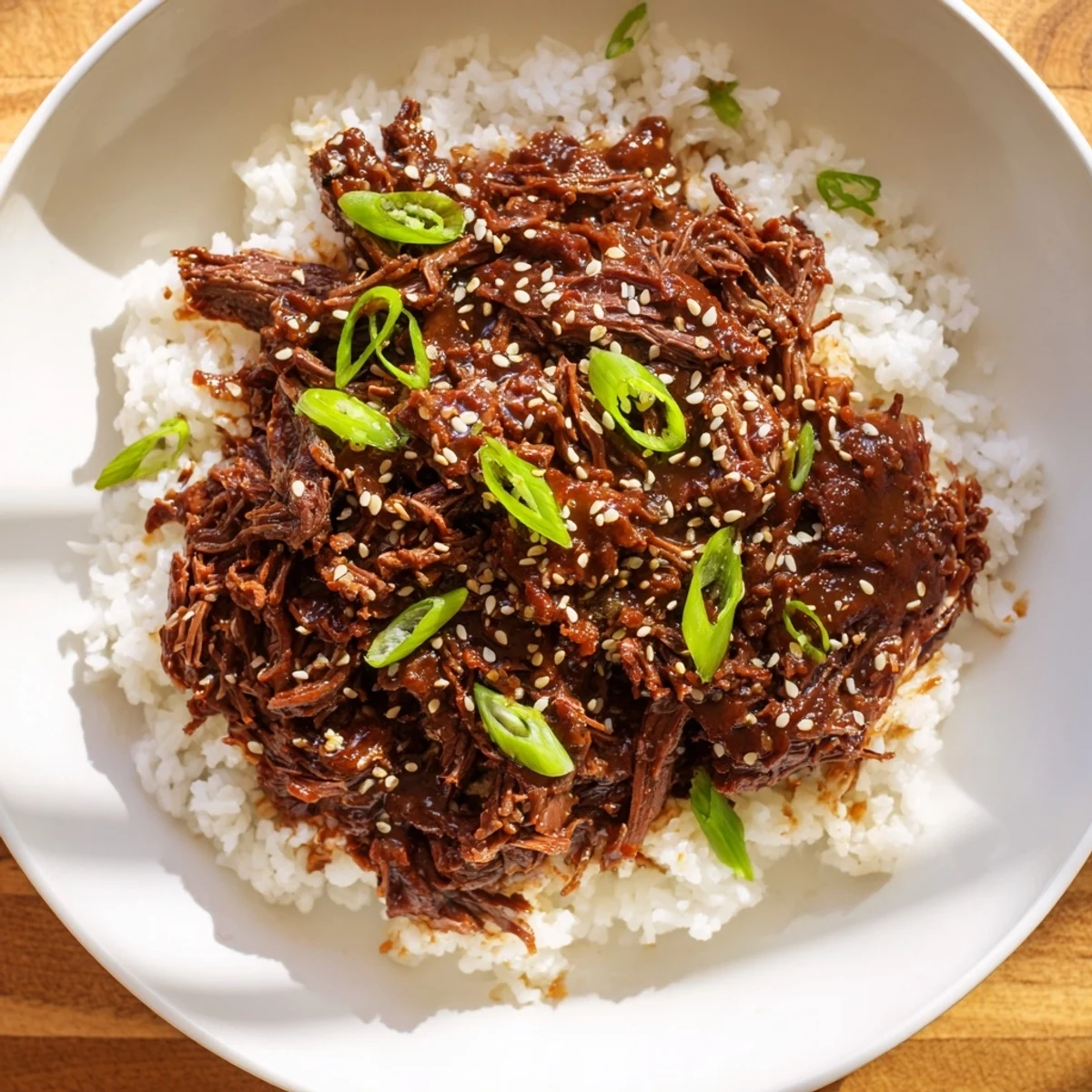 Slow-cooked Korean beef chunks in a savory-sweet sauce, served over fluffy white rice and topped with green onions.