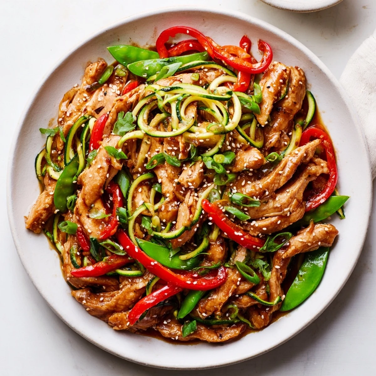 A vibrant low-carb skillet meal featuring spiralized zucchini and chicken in a garlicky sauce for Garlic Chicken Zucchini Noodles Stir Fry.