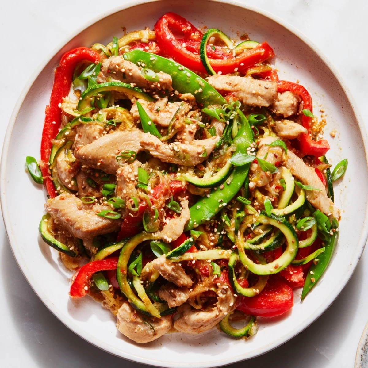 Tender chicken and crisp zucchini noodles tossed in a savory garlic sauce for this Garlic Chicken Zucchini Noodles Stir Fry.
