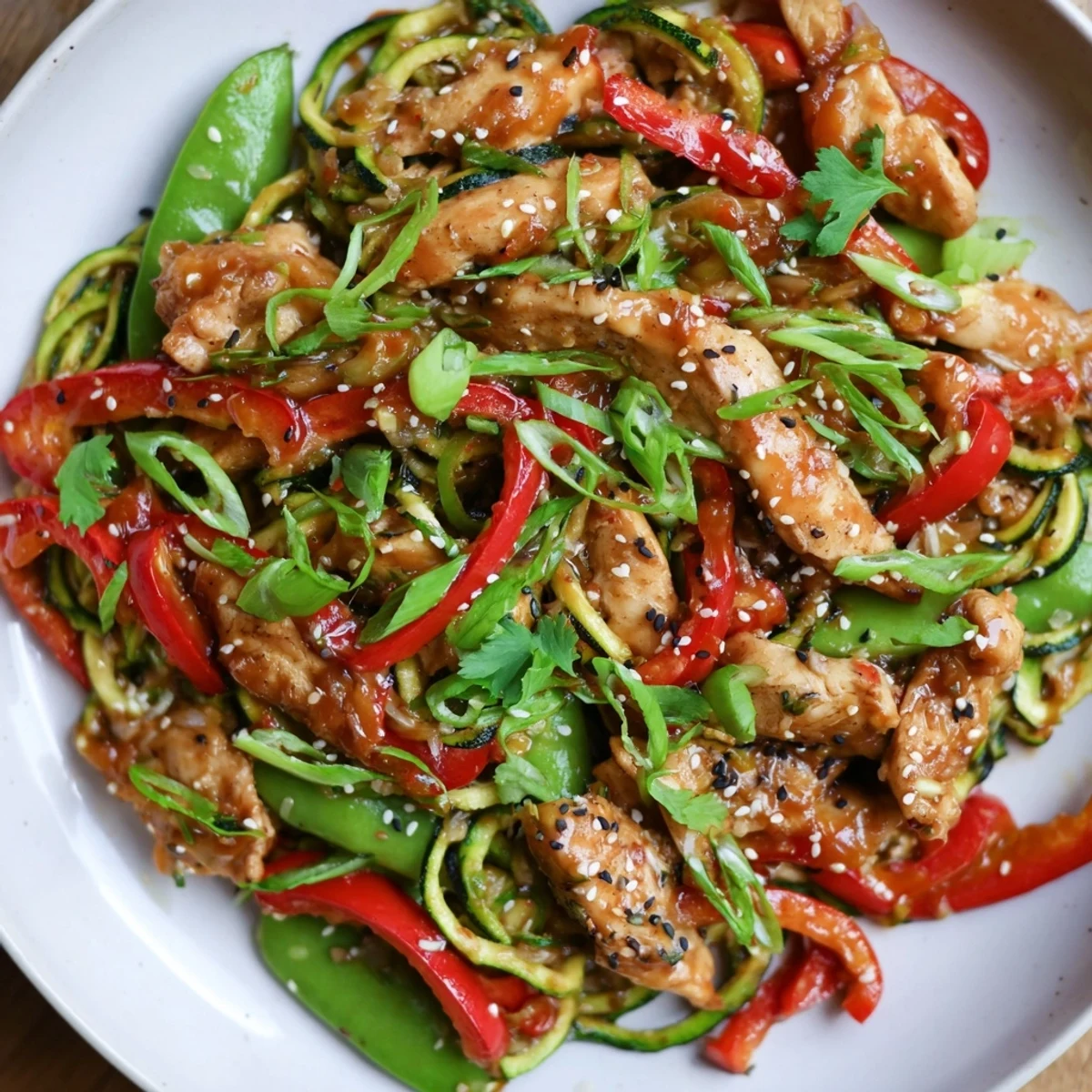 Serve this Garlic Chicken Zucchini Noodles Stir Fry hot with sesame seeds and cilantro for a quick, healthy, Asian-inspired dinner.