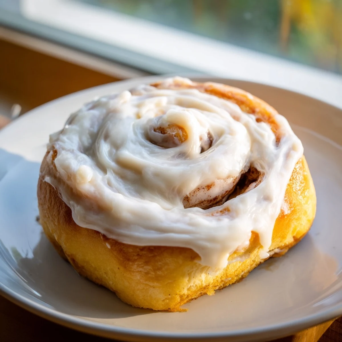 Freshly baked Keto Cinnamon Buns with creamy icing on a rustic wooden table.