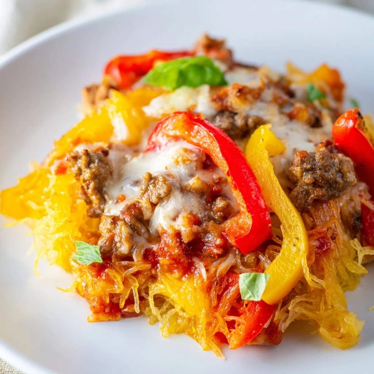 A close-up of bubbling Sausage and Peppers Spaghetti Squash Casserole, showing Italian sausage and roasted peppers in tomato sauce.