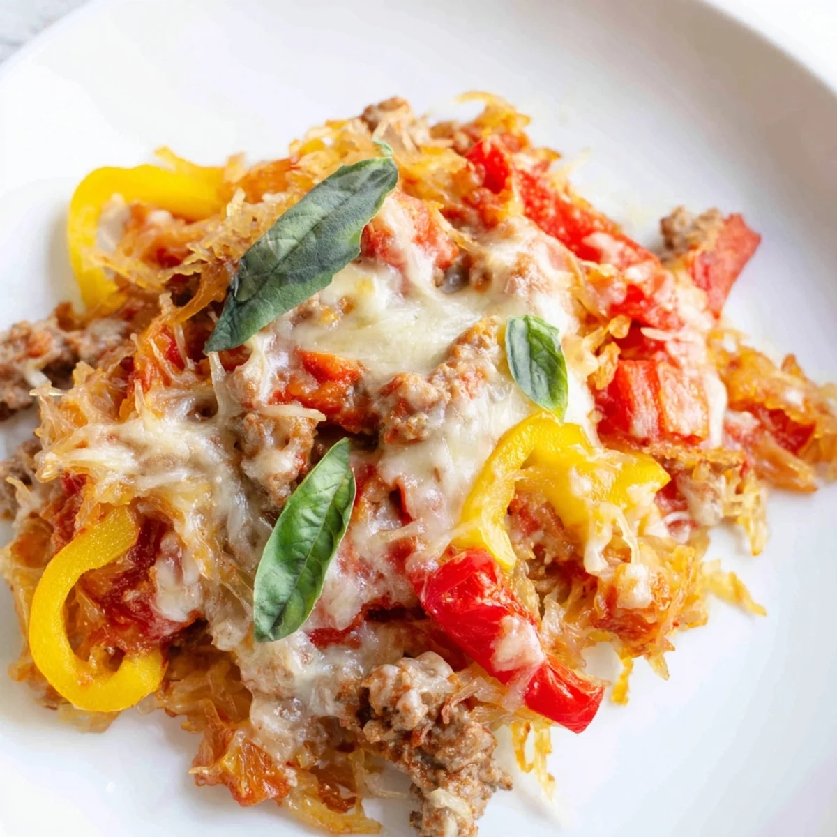 Golden-brown Sausage and Peppers Spaghetti Squash Casserole with melted mozzarella and fresh basil garnish on a rustic table.