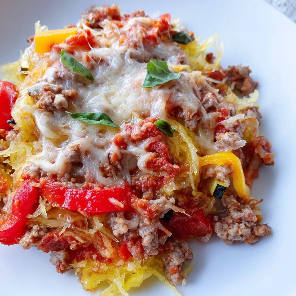 Serving suggestion for Sausage and Peppers Spaghetti Squash Casserole, plated with a side salad for a low-carb Italian-American meal.