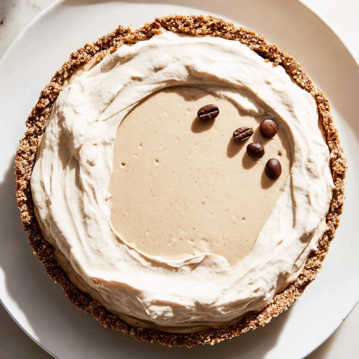 A slice of Keto Cold Brew Coffee Pie shows creamy filling and a golden almond flour crust, topped with whipped cream and coffee beans.