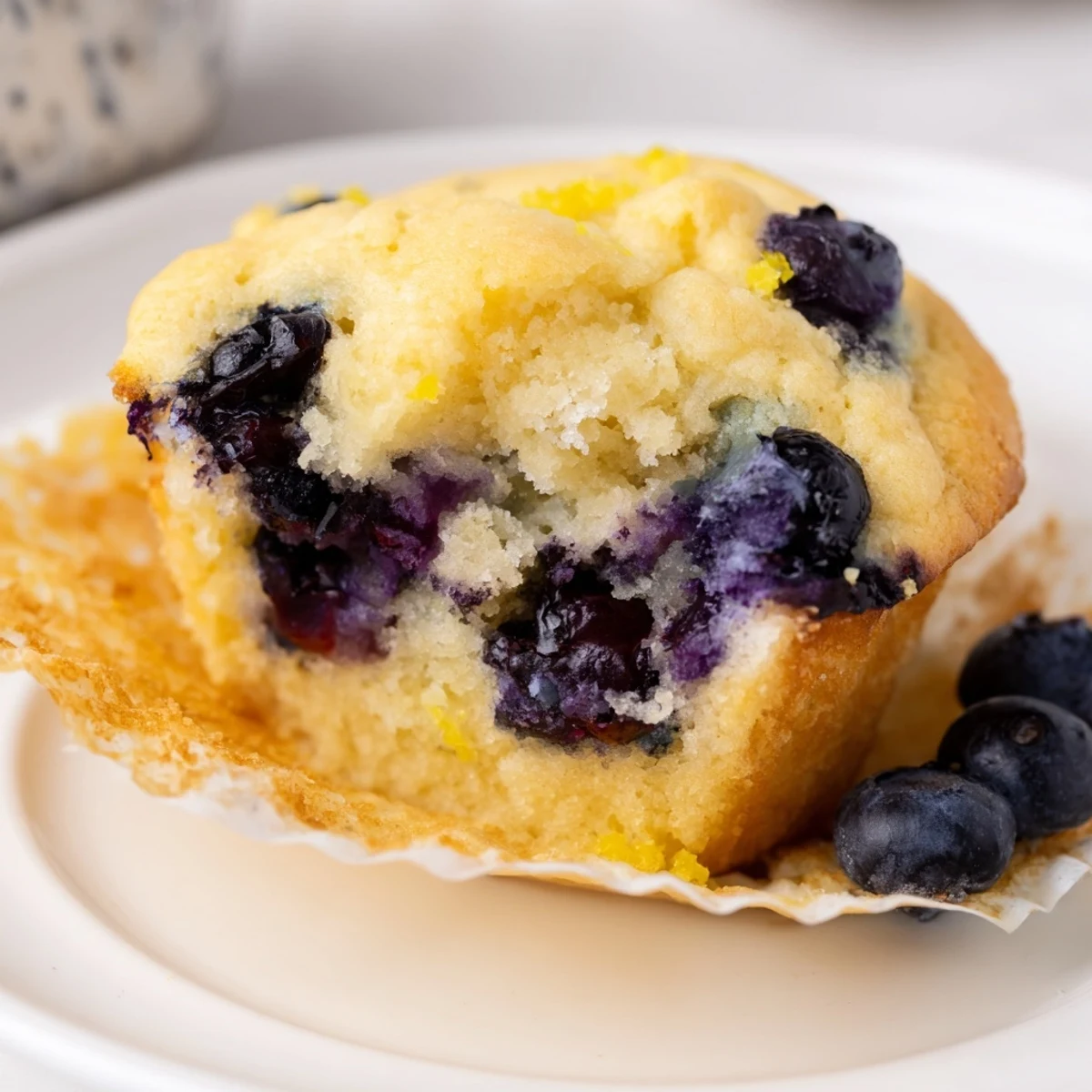 A close-up view shows the moist interior and juicy blueberries of a delicious Sourdough Blueberry Muffin.
