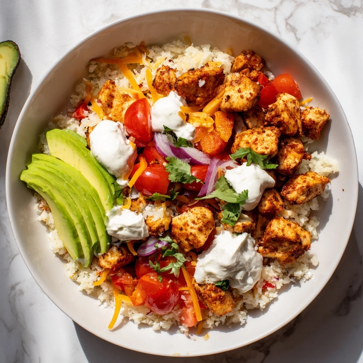 Steamed cauliflower rice forms the base of this Low Carb Burrito Bowl topped with seasoned chicken and avocado.