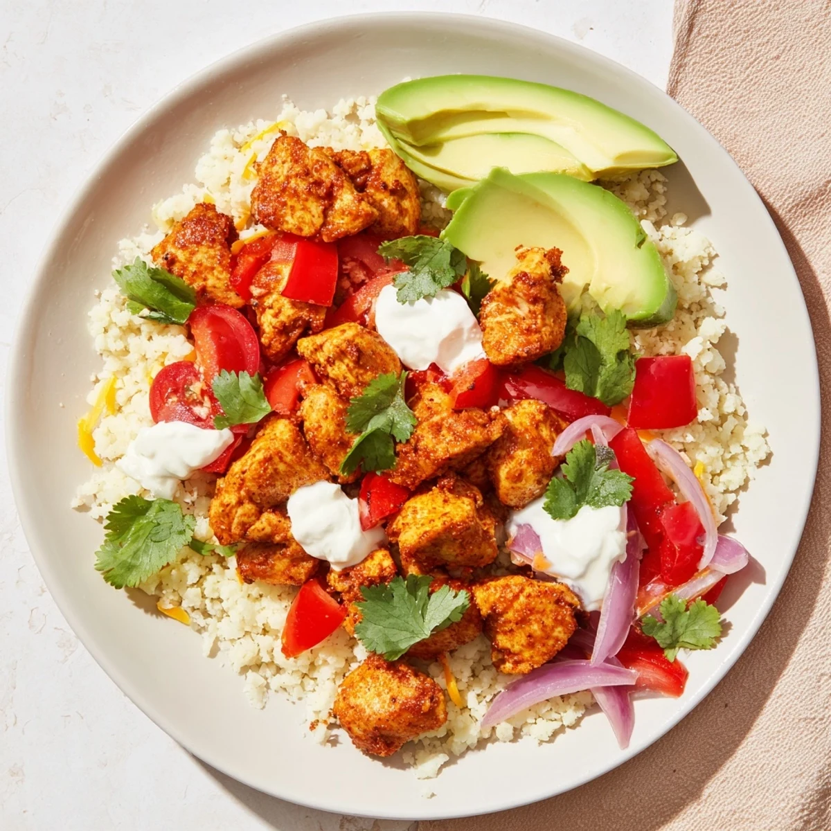 A Low Carb Burrito Bowl garnished with fresh cilantro and lime wedges served alongside creamy sour cream.