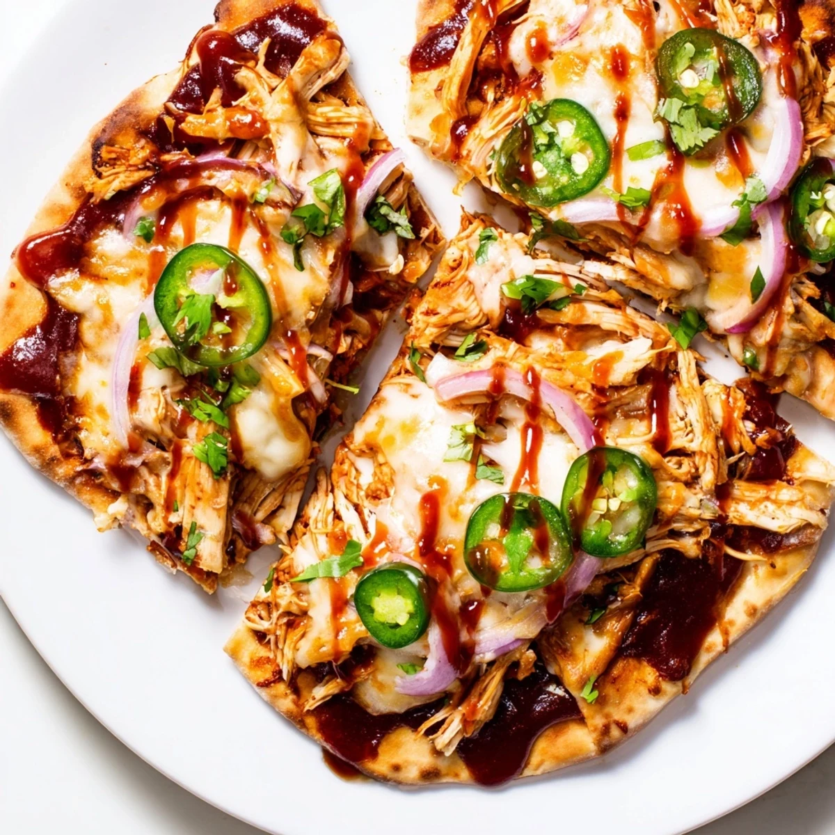 Golden BBQ Chicken Flatbread with melted cheese, red onions, and cilantro on a rustic wooden board.