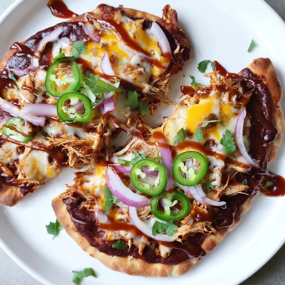 Sizzling BBQ Chicken Flatbread fresh from the oven, topped with jalapeños and drizzled with tangy sauce.