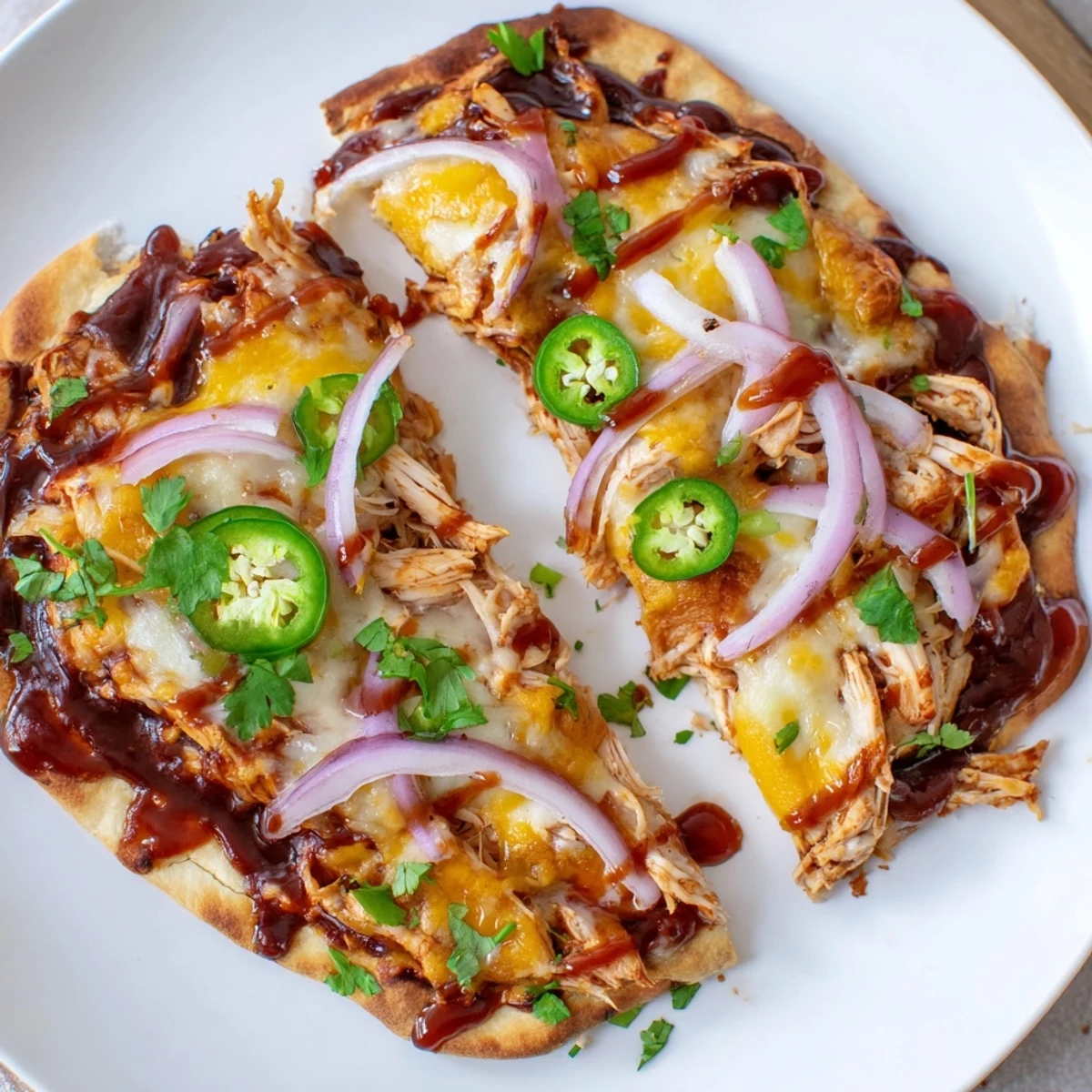 Weeknight-friendly BBQ Chicken Flatbread sliced into squares, perfect for sharing with a crisp green salad.