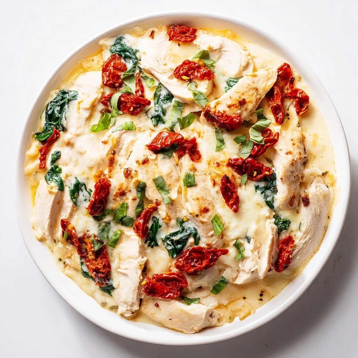 Creamy Marry Me Low Carb Chicken Casserole with spinach and sun-dried tomatoes, bubbling golden cheese.