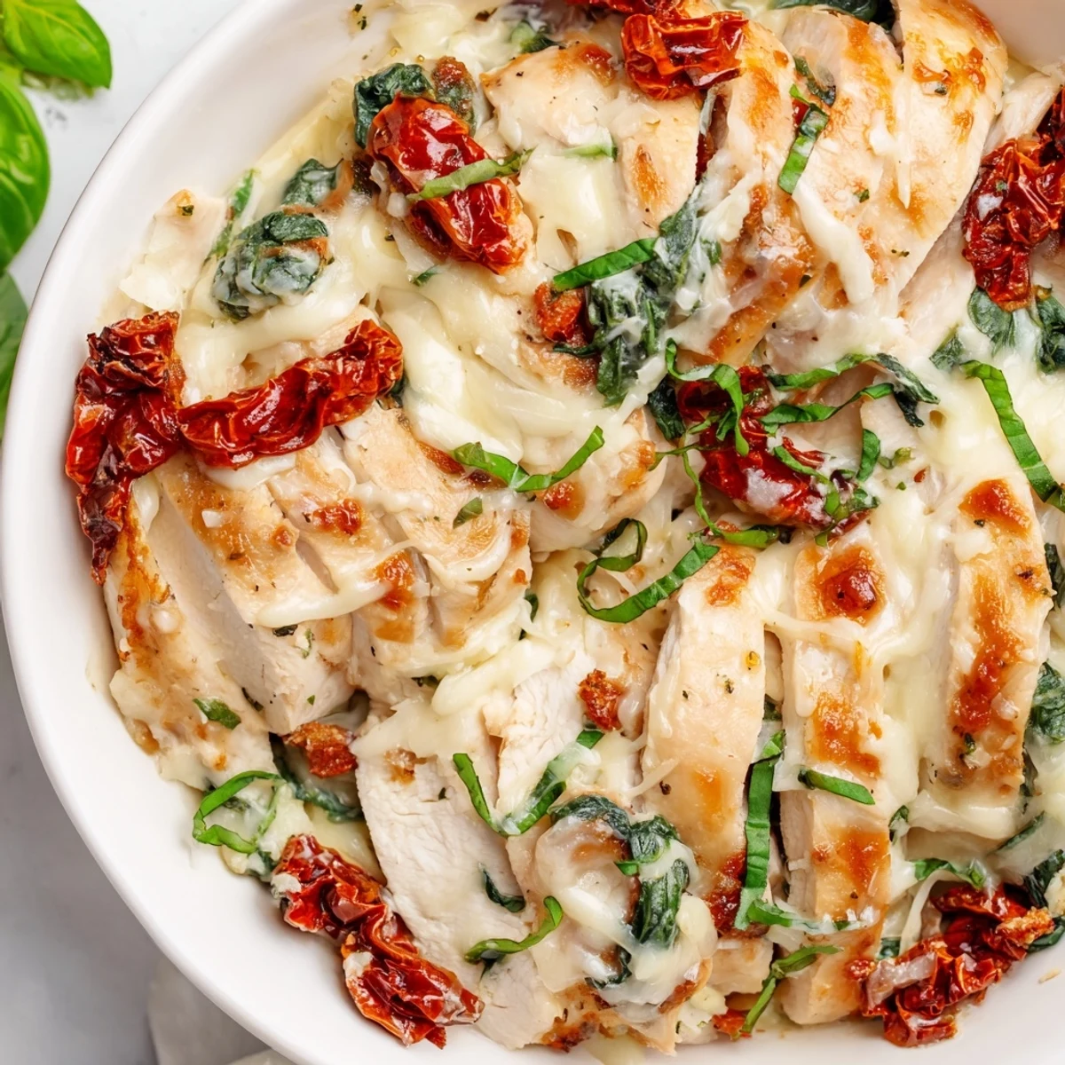 Sliced Marry Me Low Carb Chicken Casserole served on a plate with fresh basil garnish.