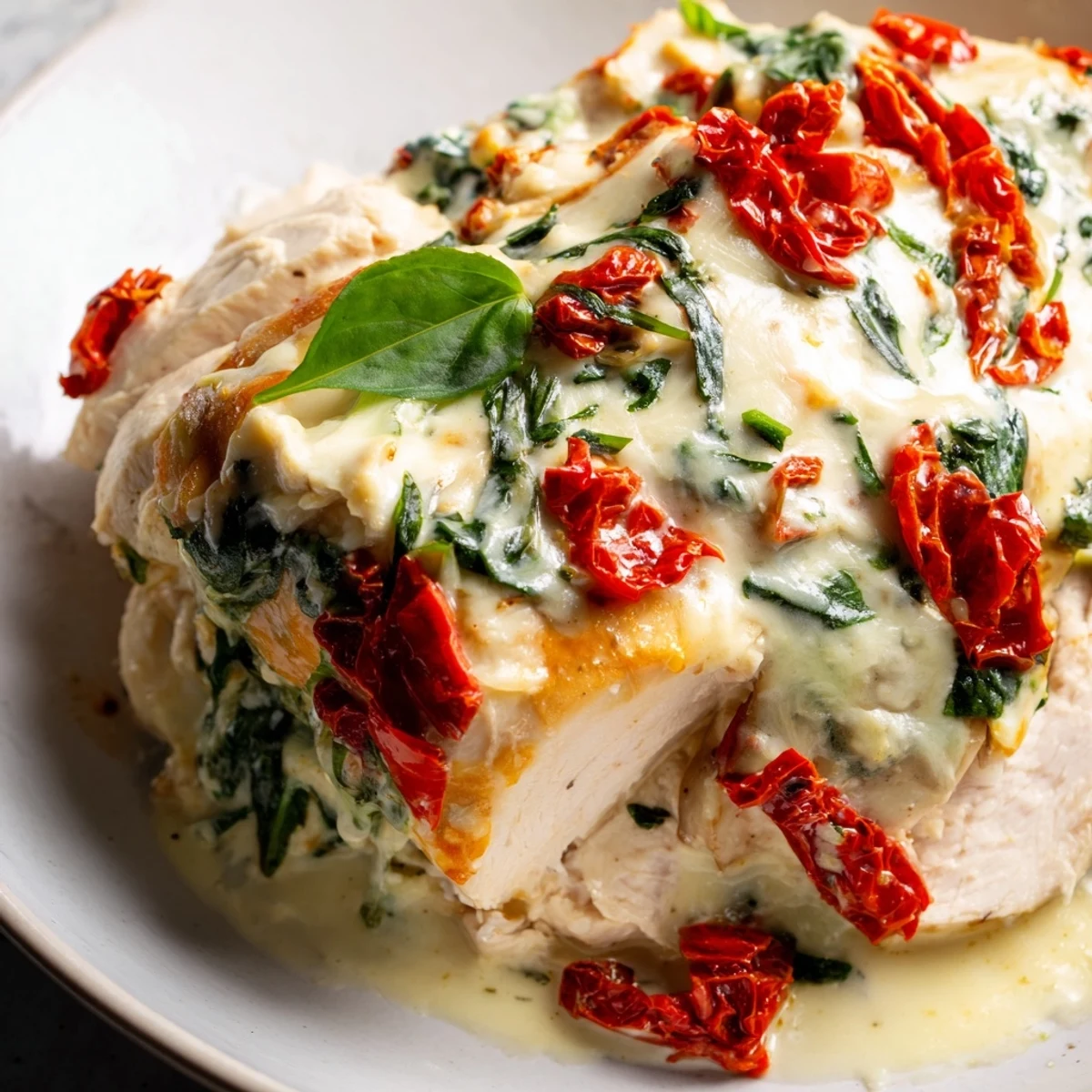 Freshly baked Marry Me Low Carb Chicken Casserole, tender chicken and colorful vegetables in cheesy sauce.