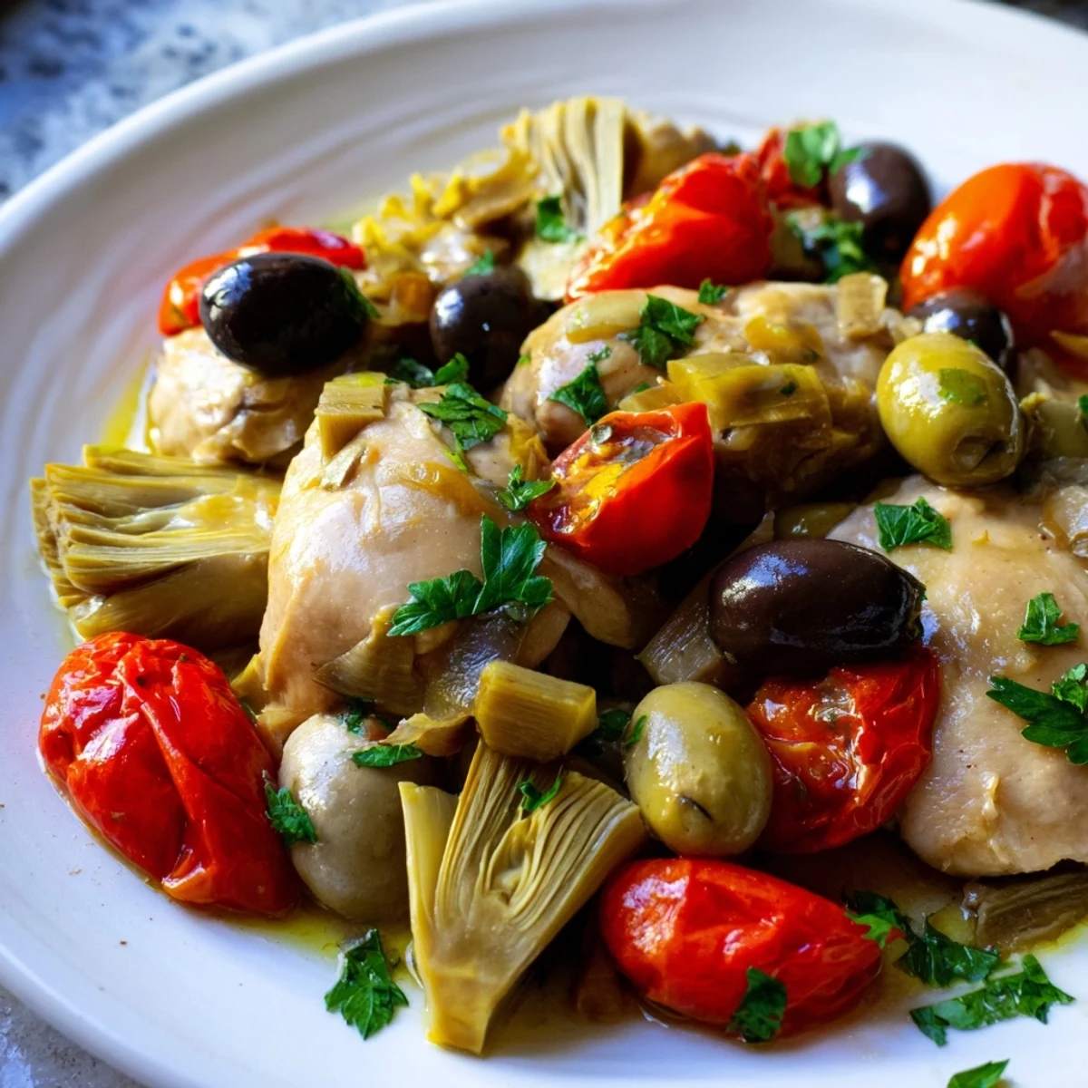 A close-up of Mediterranean Lemon Chicken with Artichokes and Olives, garnished with fresh parsley.