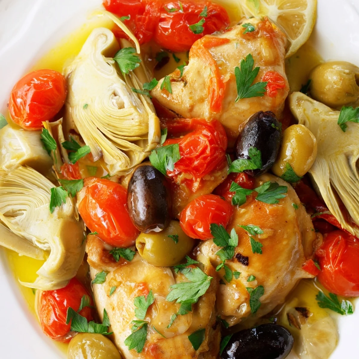 The finished Mediterranean Lemon Chicken with Artichokes and Olives served hot in a rustic skillet for dinner.