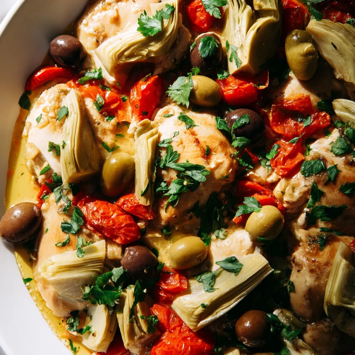 Golden seared Mediterranean Lemon Chicken with Artichokes and Olives bubbling in a savory lemon wine sauce.