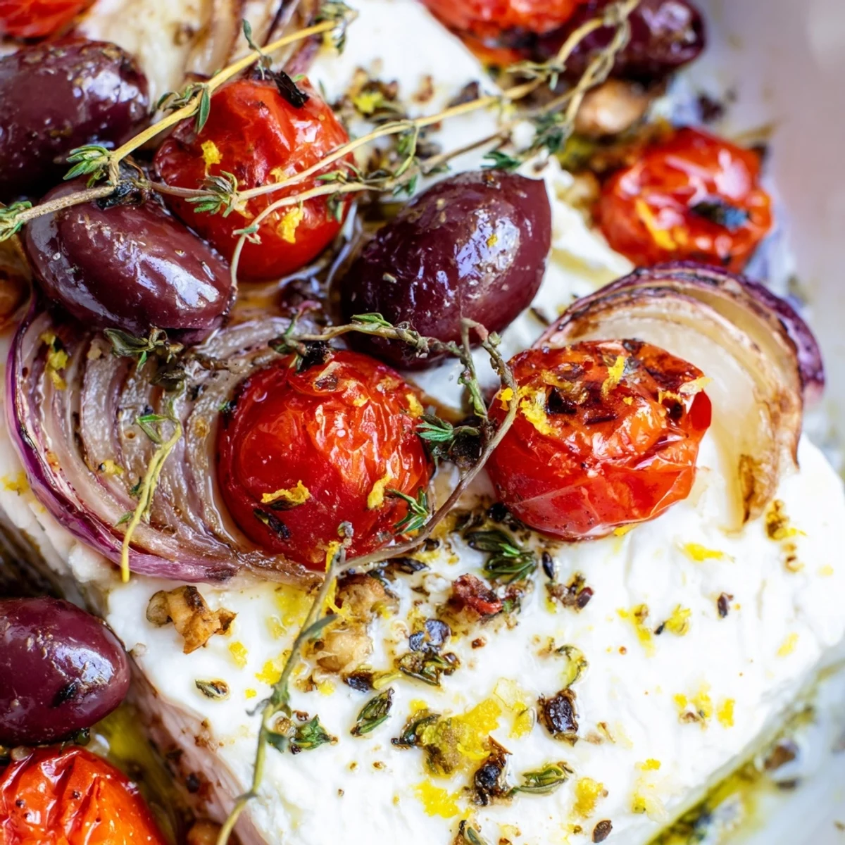 Creamy Mediterranean Baked Feta Appetizer with blistered tomatoes and olives, served warm with crusty bread for dipping.