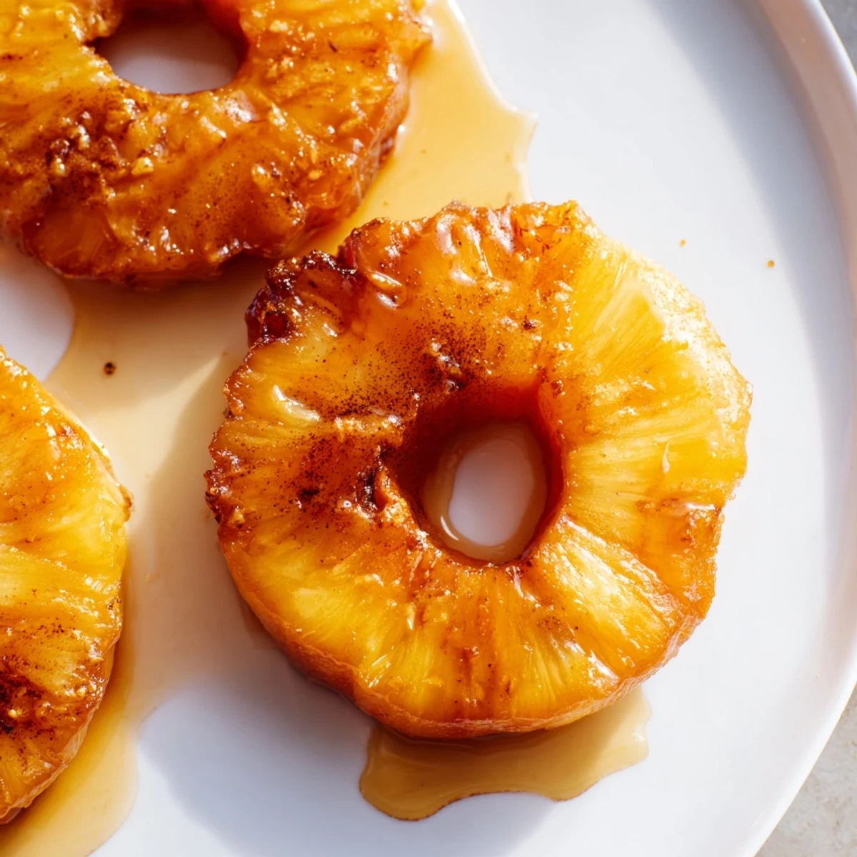 Golden Rum-Soaked Fried Pineapple rings glisten with caramelization, served warm beside a scoop of vanilla ice cream on a rustic plate.