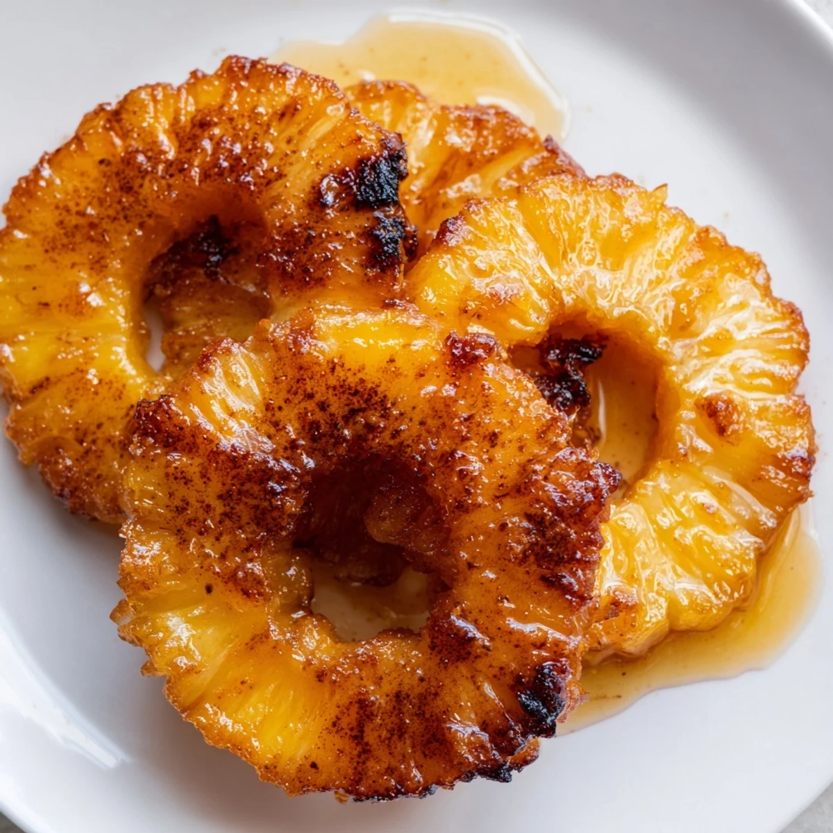 Juicy Rum-Soaked Fried Pineapple pieces, coated in a light crispy batter, are drizzled with honey and sprinkled with cinnamon for serving.