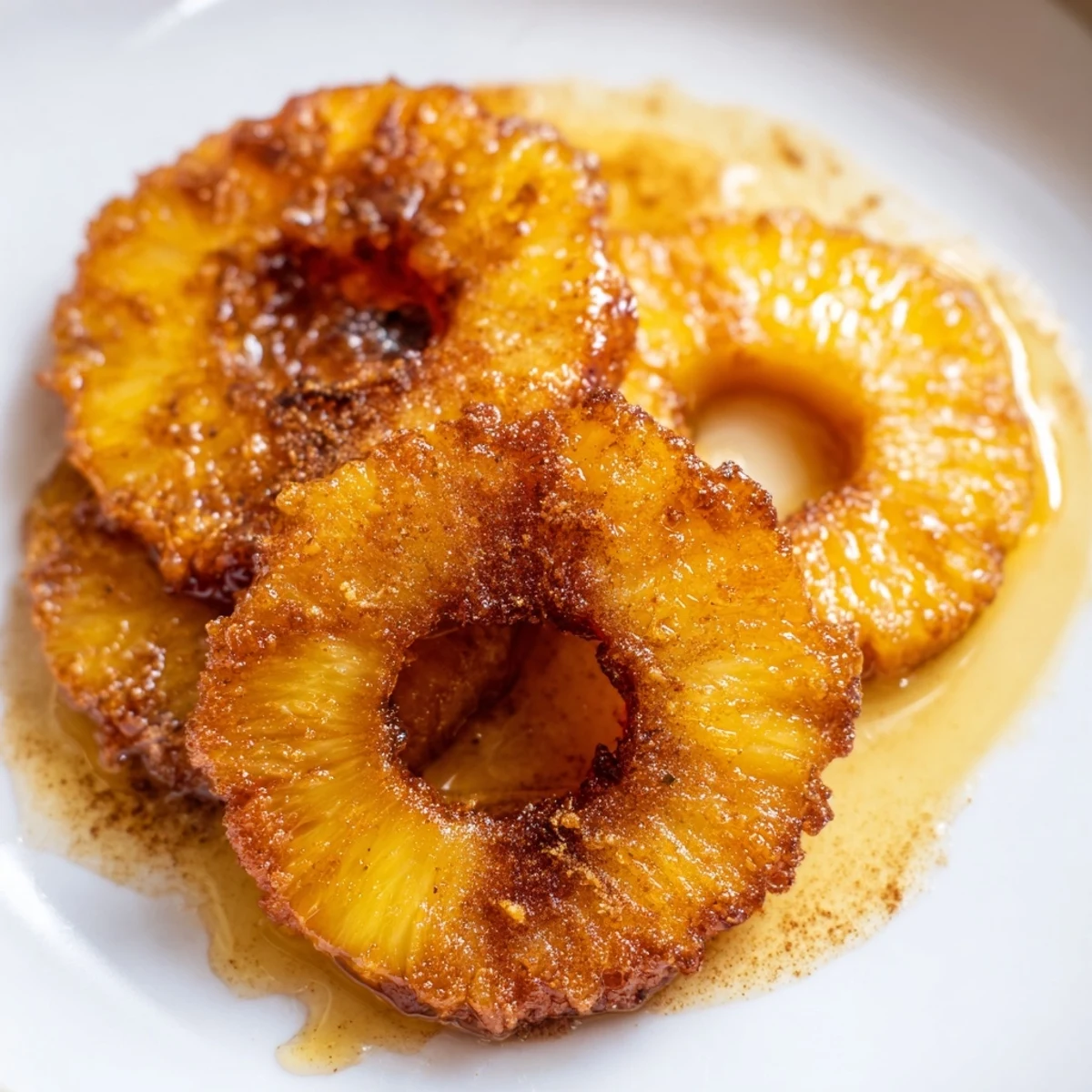 Fresh Rum-Soaked Fried Pineapple wedges are fried to perfection in a skillet, releasing a sweet tropical aroma and looking ready to eat.