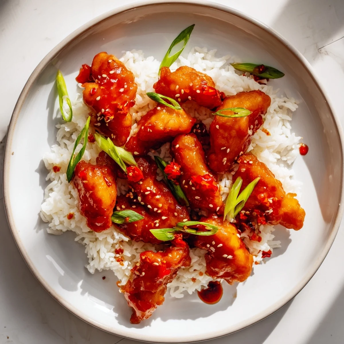 Crispy battered cod strips glazed in a sweet and spicy sauce served over fluffy white rice with garnishes.